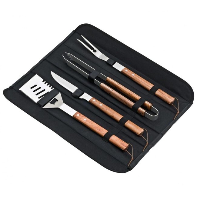 Déglon 4-delige barbecue set – luxe bubinga hout – met draagtas – zwart