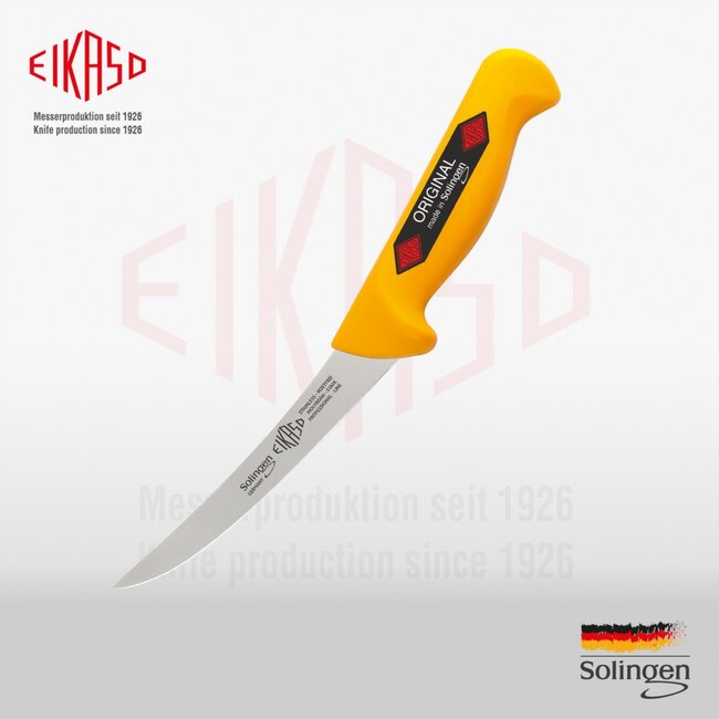 Eikaso Solingen Uitbeenmes 13 cm – Semi-Flexibel Gebogen Lemmet – Ergonomisch Geel Handvat