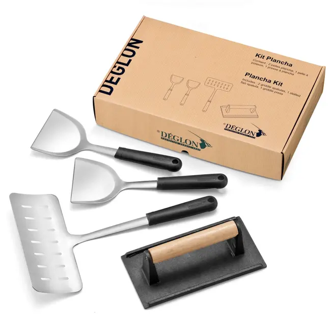 Déglon Plancha Bakplaat Set – Ergonomische Spatels & Voedselpers – 4-delig