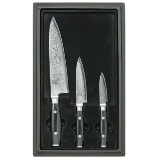 Yaxell Ran Messenset – Giftset – 3-delig – Koksmes 20 cm, Universeelmes 12 cm & Schilmes 8 cm – 69 Lagen Damaststaal – VG10 Staal – 61 HRC – Canvas-Micarta Heft