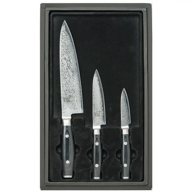 Yaxell Ran Messenset – Giftset – 3-delig – Koksmes 20 cm, Universeelmes 12 cm & Schilmes 8 cm – 69 Lagen Damaststaal – VG10 Staal – 61 HRC – Canvas-Micarta Heft