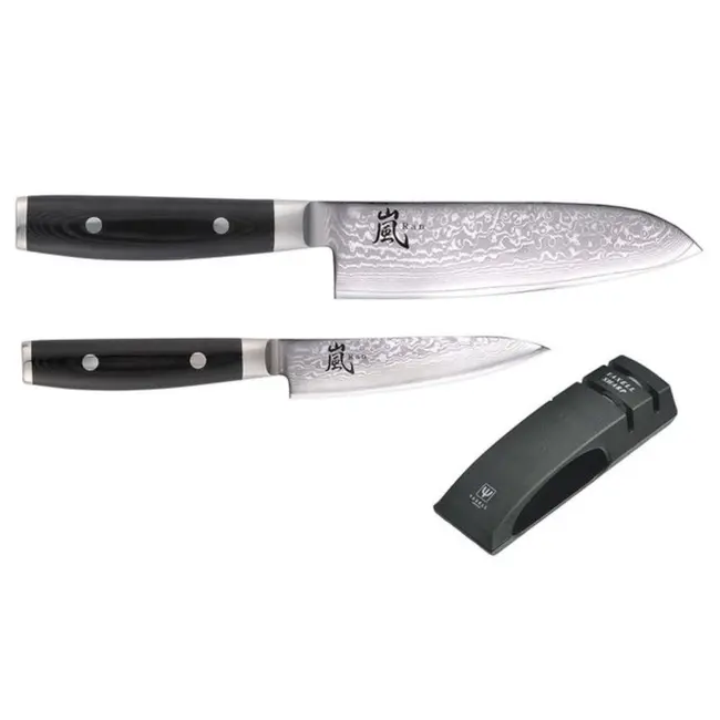 Yaxell Ran Messenset – Giftset – 3-delig – Messenlijper met Santoku Mes 16,5 cm en Universeelmes 12 cm - 69 Lagen Damaststaal – VG10 Staal – 61 HRC – Canvas-Micarta Heft