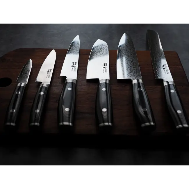Yaxell Ran Messenset – Giftset – 3-delig – Santoku Mes 16,5 cm, Santoku Mes 12,5 cm en Schilmes 8 cm - 69 Lagen Damaststaal – VG10 Staal – 61 HRC – Canvas-Micarta Heft