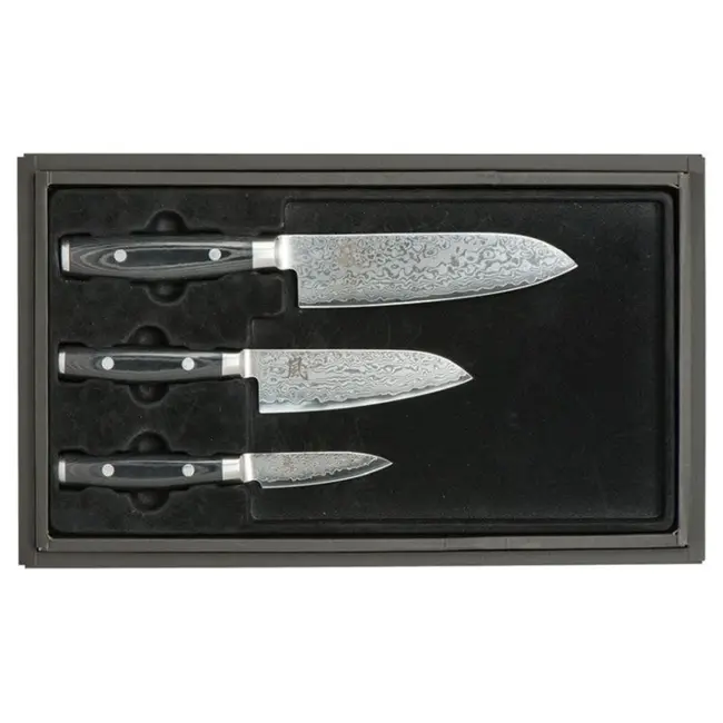 Yaxell Ran Messenset – Giftset – 3-delig – Santoku Mes 16,5 cm, Santoku Mes 12,5 cm en Schilmes 8 cm - 69 Lagen Damaststaal – VG10 Staal – 61 HRC – Canvas-Micarta Heft