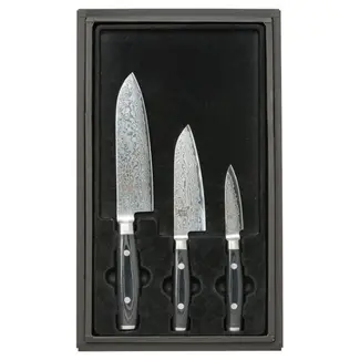 Yaxell Ran Messenset – Giftset – 3-delig – Santoku Mes 16,5 cm, Santoku Mes 12,5 cm en Schilmes 8 cm - 69 Lagen Damaststaal – VG10 Staal – 61 HRC – Canvas-Micarta Heft