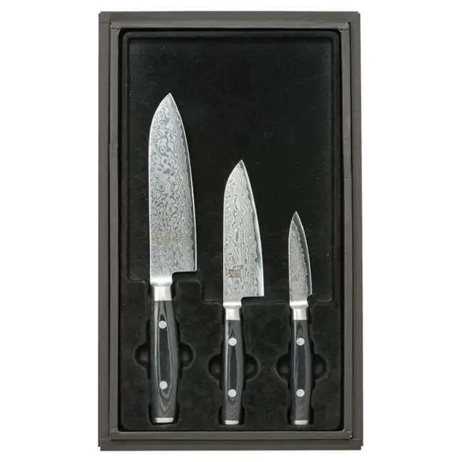 Yaxell Ran Messenset – Giftset – 3-delig – Santoku Mes 16,5 cm, Santoku Mes 12,5 cm en Schilmes 8 cm - 69 Lagen Damaststaal – VG10 Staal – 61 HRC – Canvas-Micarta Heft