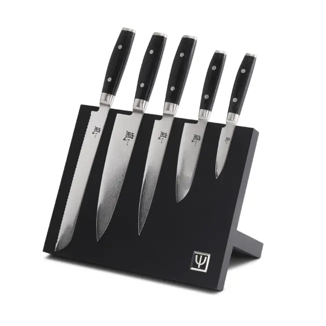 Yaxell Ran Messenset – 6-delig – Beukenhouten Magnetische Messenhouder met 5 Messen – 69 Lagen Damaststaal – VG10 Staal – 61 HRC – Canvas-Micarta Heft