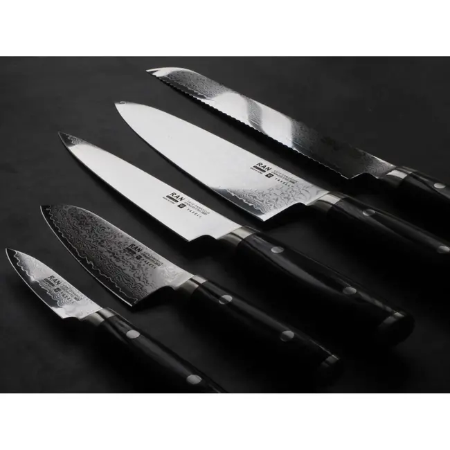 Yaxell Ran Messenset – 6-delig – Beukenhouten Messenblok met 5 Messen – 69 Lagen Damaststaal – VG10 Staal – 61 HRC – Canvas-Micarta Heft