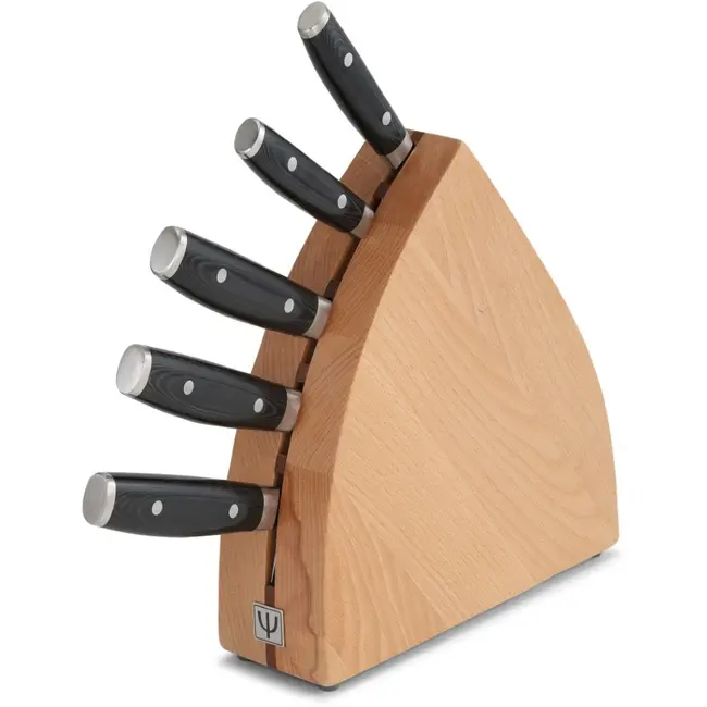 Yaxell Ran Messenset – 6-delig – Beukenhouten Messenblok met 5 Messen – 69 Lagen Damaststaal – VG10 Staal – 61 HRC – Canvas-Micarta Heft