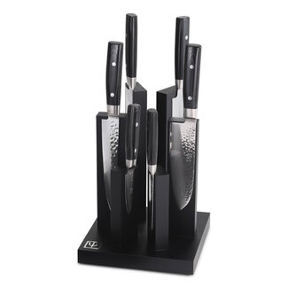 Yaxell Zen Messenset – 7-delig – Magnetisch 'Tower' Messenblok met 6 Messen – 37 Lagen Damaststaal – Canvas-Micarta Heft
