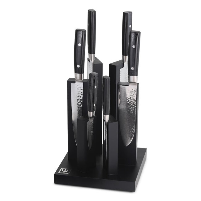 Yaxell Zen Messenset – 7-delig – Magnetisch 'Tower' Messenblok met 6 Messen – 37 Lagen Damaststaal – Canvas-Micarta Heft