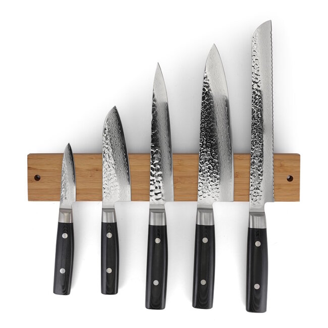 Yaxell Zen Messenset – 6-delig – Magnetische Messenstrip van Bamboe met 5 Messen – 37 Lagen Damaststaal – Canvas-Micarta Heft