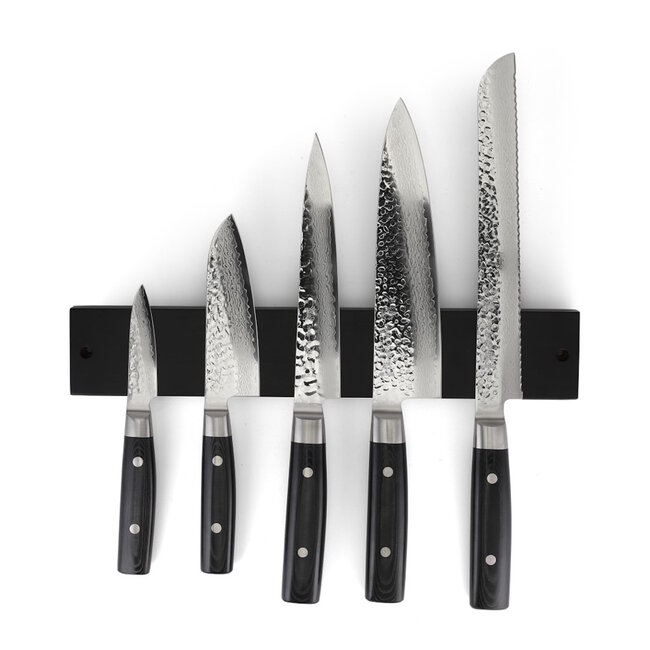 Yaxell Zen Messenset – 6-delig – Magnetische Messenstrip Bamboe Zwart met 5 Messen – 37 Lagen Damaststaal – Canvas-Micarta Heft