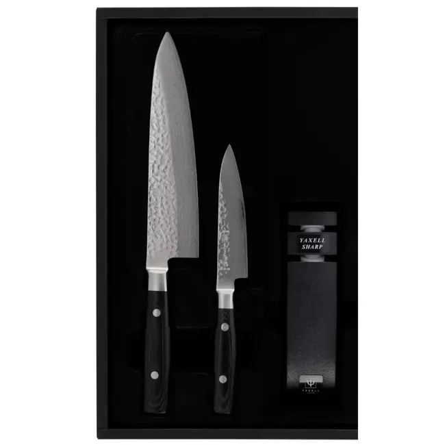 Yaxell Zen Geschenkset – 3-delig – Water Slijper met Koksmes 20 cm en Universeelmes 12 cm – 37 Lagen Damaststaal – Canvas-Micarta Heft