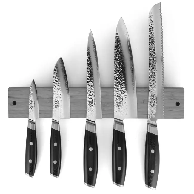 Yaxell Tsuchimon Messenset – 6-delig – Magnetische Walnoothouten Messenstrip met 5 Messen – 3 Lagen Damaststaal – VG-10 Staal – Canvas-Micarta Heft