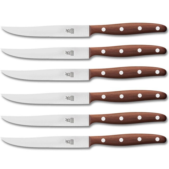 Robert Herder Windmühle Steakmes – RVS – Fijne Kartel – Lemmet 12,5 cm – Heft Pruimenhout – 6 Stuks