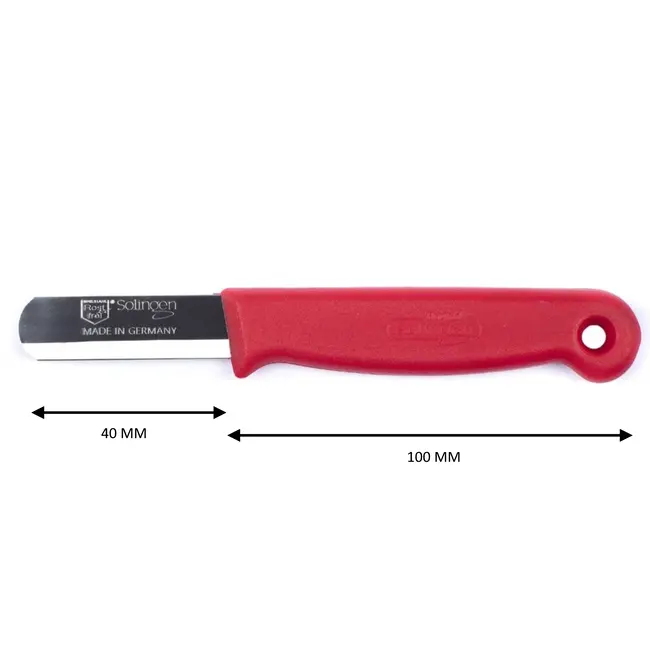 Solingen Bandstaal Mes – HACCP – Rood – RVS Lemmet 40 mm – Voedselveiligheid voor Oogsten