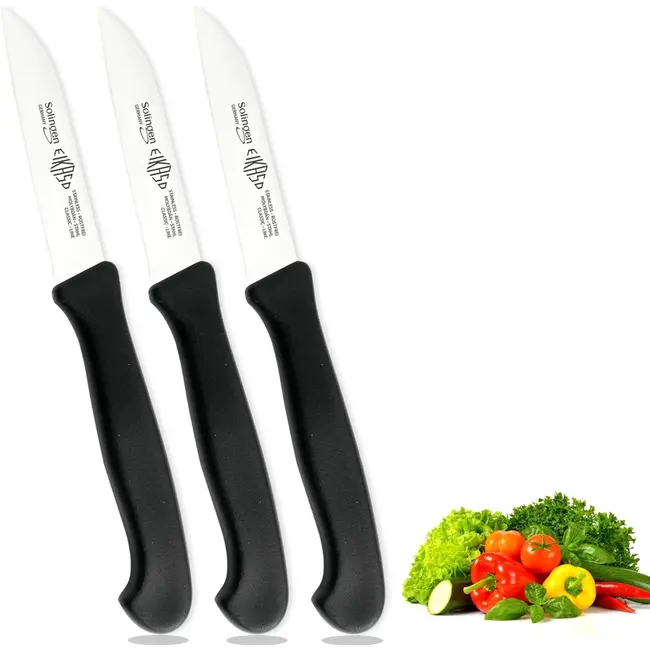 Eikaso Solingen Set van 3 schilmessen – recht lemmet 8 cm – ergonomisch zwart handvat – roestvrij staal
