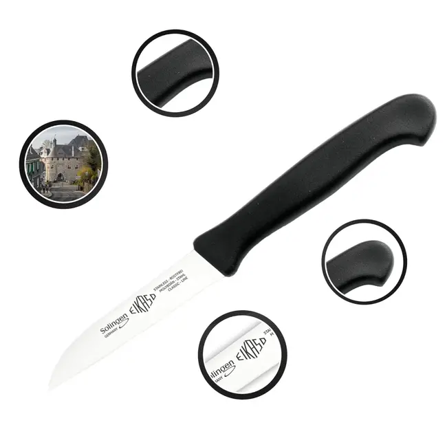 Eikaso Solingen Set van 3 schilmessen – recht lemmet 8 cm – ergonomisch zwart handvat – roestvrij staal