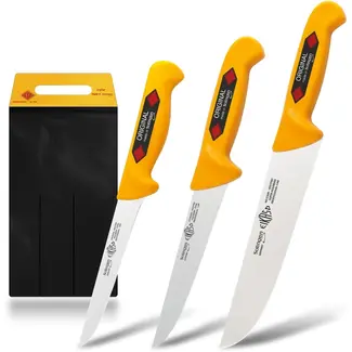 Eikaso Solingen 3-delige vleesmesset – uitbeenmes 13 cm – universeelmes 18 cm – slagersmes 21 cm – geel ergonomisch handvat