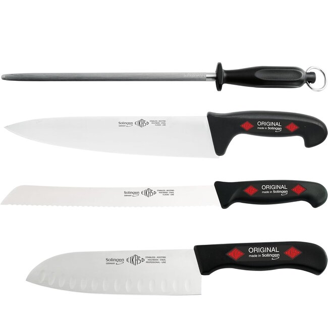 Eikaso Solingen Professionele slagersmessenset – 4-delig – roestvrij staal – ergonomisch – zwart