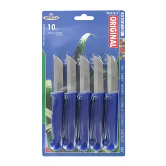 Metallo Set van 10 Universele Bandstaal Messen - 65 mm Lemmet - Blauw Kunststof Heft - Spitse Top - HACCP