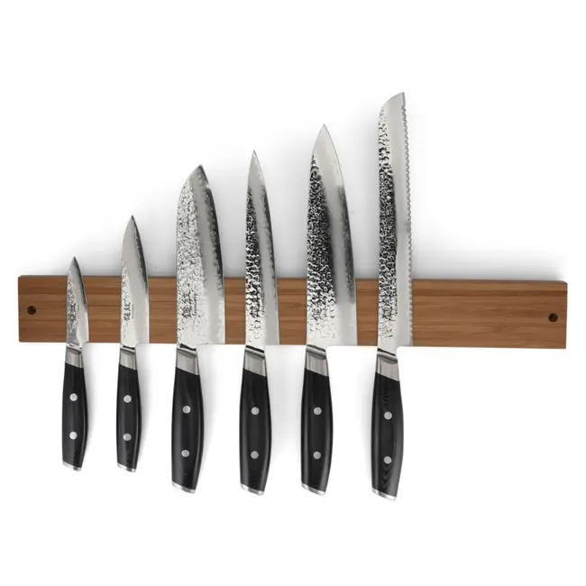 Yaxell Tsuchimon Messenset – 7-delig – Magnetische Messenstrip Bamboe met 5 Messen – 3 Lagen Damaststaal – VG-10 Staal – Canvas-Micarta Heft