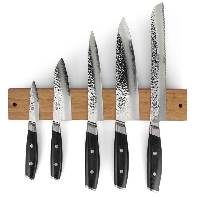 Yaxell Tsuchimon Messenset – 6-delig – Magnetische Messenstrip Bamboe met 5 Messen – 3 Lagen Damaststaal – VG-10 Staal – Canvas-Micarta Heft