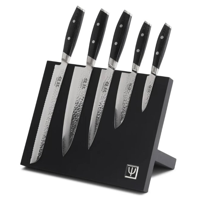 Yaxell Tsuchimon Messenset – 6-delig – Beukenhouten Magnetische Messenhouder met 5 Messen – 3 Lagen Damaststaal – VG10 Staal – Canvas-Micarta Heft