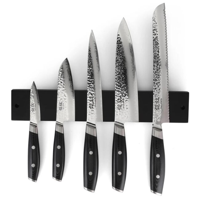 Yaxell Tsuchimon Messenset – 6-delig – Magnetische Messenstrip Bamboe Zwart met 5 Messen – 3 Lagen Damaststaal – VG-10 Staal – Canvas-Micarta Heft