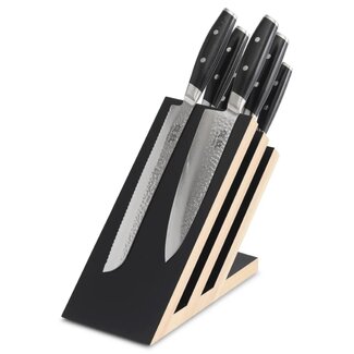 Yaxell Tsuchimon Messenset – 7-delig – Beukenhouten Magnetische Messenhouder met 6 Messen – 3 Lagen Damaststaal – VG10 Staal – Canvas-Micarta Heft