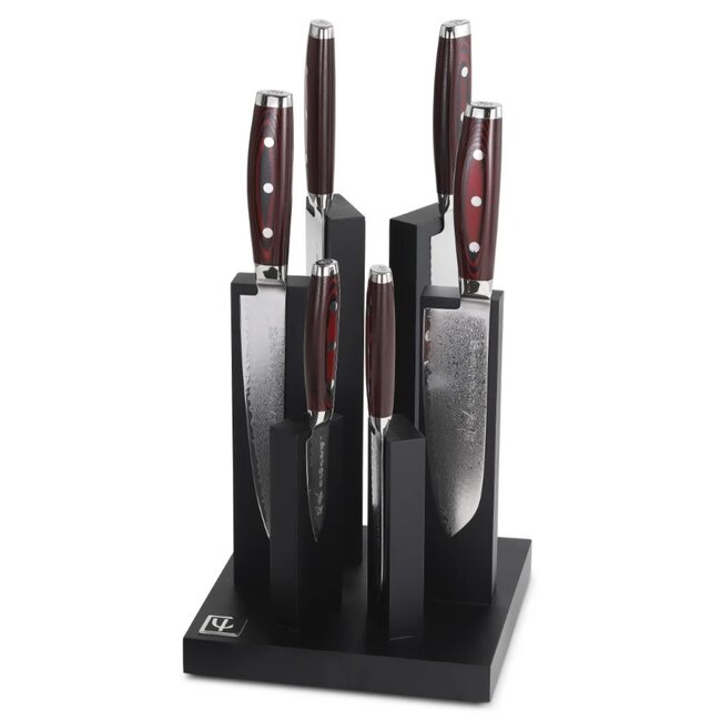 Yaxell Super Gou Messenset – 7-delig – Magnetisch 'Tower' Messenblok met 6 Messen – 161 Lagen Damaststaal – SG2 Staal – 63 HRC – Canvas-Micarta Heft