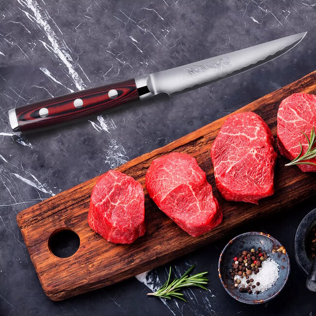 Yaxell Super Gou Steakmes – 12 cm – 161 Lagen Damaststaal – SG2 Staal – 63 HRC – Canvas-Micarta Heft