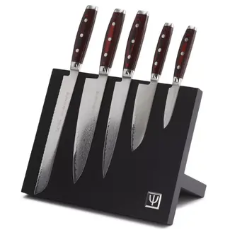 Yaxell Super Gou Messenset – 6-delig – Magnetisch Beukenhouten Messenblok met 5 Messen – 161 Lagen Damaststaal – SG2 Staal – 63 HRC – Canvas-Micarta Heft