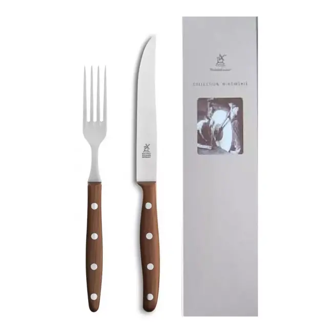 Robert Herder Windmühle Steakvork en Steakmes – RVS – Fijne Kartel – Lemmet 12,5 cm – Heft Pruimenhout