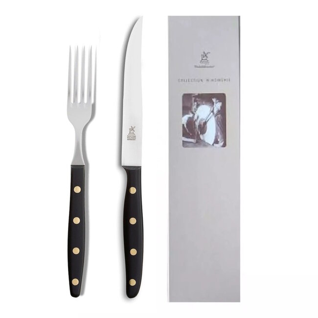 Robert Herder Windmühle Steakvork en Steakmes – RVS – Fijne Kartel – Lemmet 12,5 cm – Heft POM Zwart
