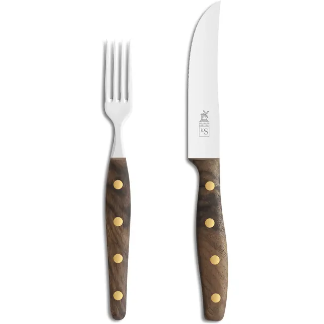 Robert Herder K-Steakvork en Steakmes – Breed – RVS – Fijne Kartel – Lemmet 12,5 cm – Heft Walnotenhout