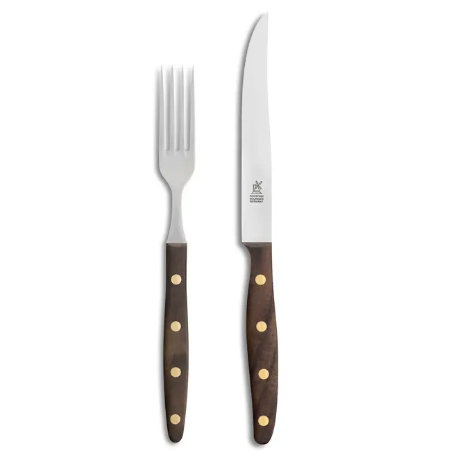 Robert Herder Windmühle Steakvork en Steakmes – RVS – Glad – Lemmet 12,5 cm – Heft Walnotenhout