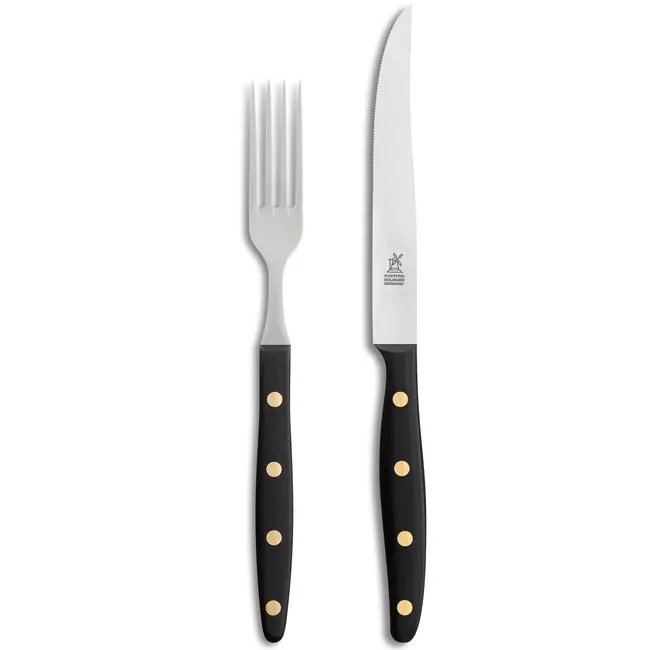 Robert Herder Windmühle Steakvork en Steakmes – RVS – Fijne Kartel – Lemmet 12,5 cm – Heft POM Zwart