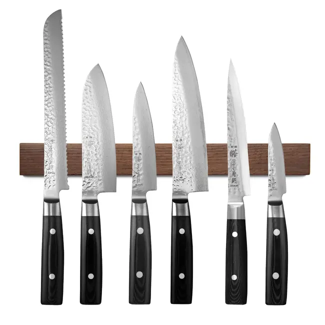 Yaxell Zen Messenset – 7-delig – Magnetische Messenstrip van Walnotenhout met 6 Messen – 37 Lagen Damaststaal – Canvas-Micarta Heft