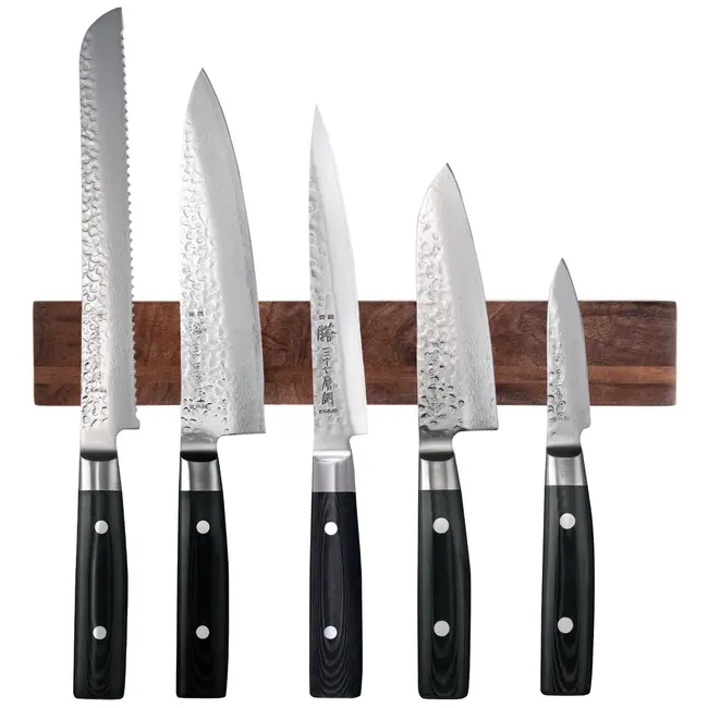 Yaxell Zen Messenset – 6-delig – Magnetische Messenstrip van Walnotenhout met 5 Messen – 37 Lagen Damaststaal – Canvas-Micarta Heft