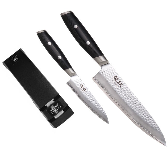 Yaxell Tsuchimon Geschenkset – 3-delig – Messenslijper met Koksmes 20 cm en Universeelmes 12 cm – 3 Lagen Damaststaal – VG10 Staal – Canvas-Micarta Heft