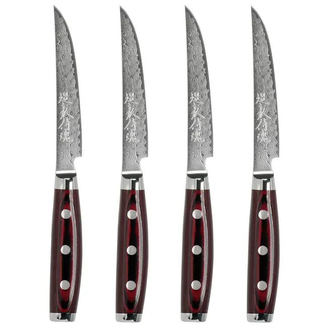 Yaxell Super Gou Steakmessenset 12 cm – 4-delig – 161 Lagen Damaststaal – SG2 Staal – 63 HRC – Canvas-Micarta Heft