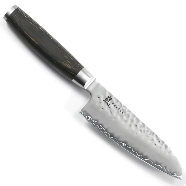 Yaxell Taishi Santoku Mes 12,5 cm – VG-10 Staal – Hardheid 61 HRC – Tsuchime Afwerking – Gehamerd Lemmet – Zwart Pakka Beukenhout Handvat