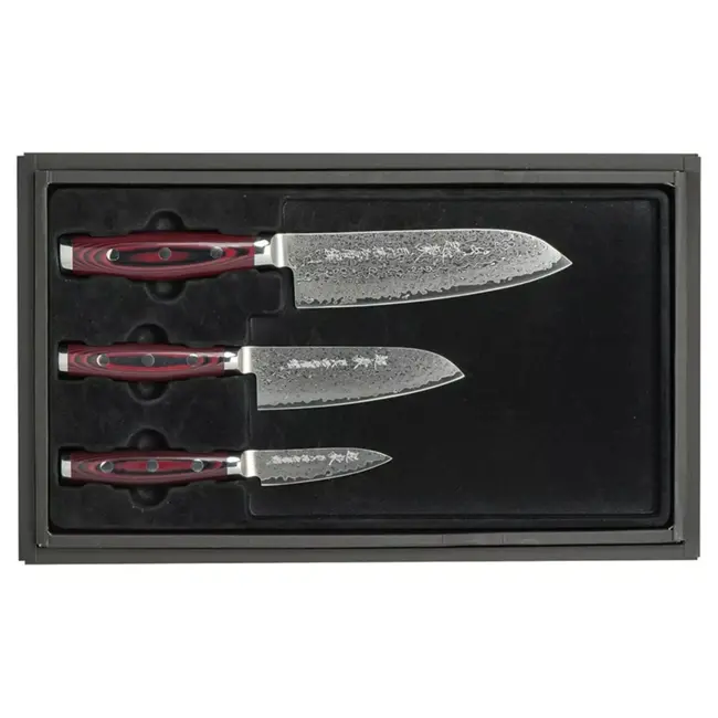 Yaxell Super Gou Messenset – Giftset – 3-delig – Santoku 16,5 cm, Klein Santoku 12,5 cm & Schilmes 8 cm – 161 Lagen Damaststaal – SG2 Staal – 63 HRC – Canvas-Micarta Heft