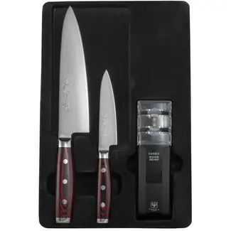 Yaxell Super Gou Messenset – Giftset – 3-delig – Messenslijper, Koksmes 20 cm & Universeelmes 12 cm – 161 Lagen Damaststaal – SG2 Staal – 63 HRC – Canvas-Micarta Heft
