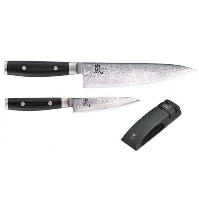 Yaxell Ran Messenset – Giftset – 3-delig – Messenslijper met Koksmes 20 cm en Universeelmes 12 cm – 69 Lagen Damaststaal – VG10 Staal – 61 HRC – Canvas-Micarta Heft