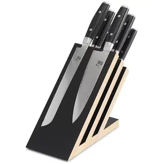 Yaxell Ran Messenset – 7-delig – Beukenhouten Magnetische Messenhouder met 6 Messen – 69 Lagen Damaststaal – VG10 Staal – 61 HRC – Canvas-Micarta Heft