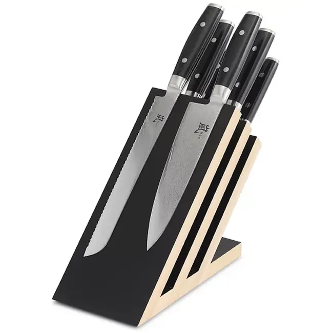 Yaxell Ran Messenset – 7-delig – Beukenhouten Magnetische Messenhouder met 6 Messen – 69 Lagen Damaststaal – VG10 Staal – 61 HRC – Canvas-Micarta Heft