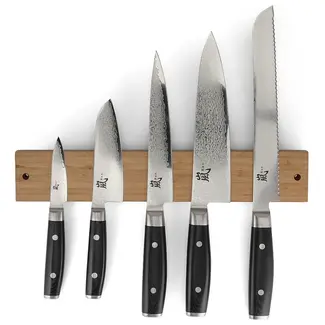 Yaxell Ran Messenset – 6-delig – Magnetische Messenhouder Bamboe met 5 Messen – 69 Lagen Damaststaal – VG10 Staal – 61 HRC – Canvas-Micarta Heft
